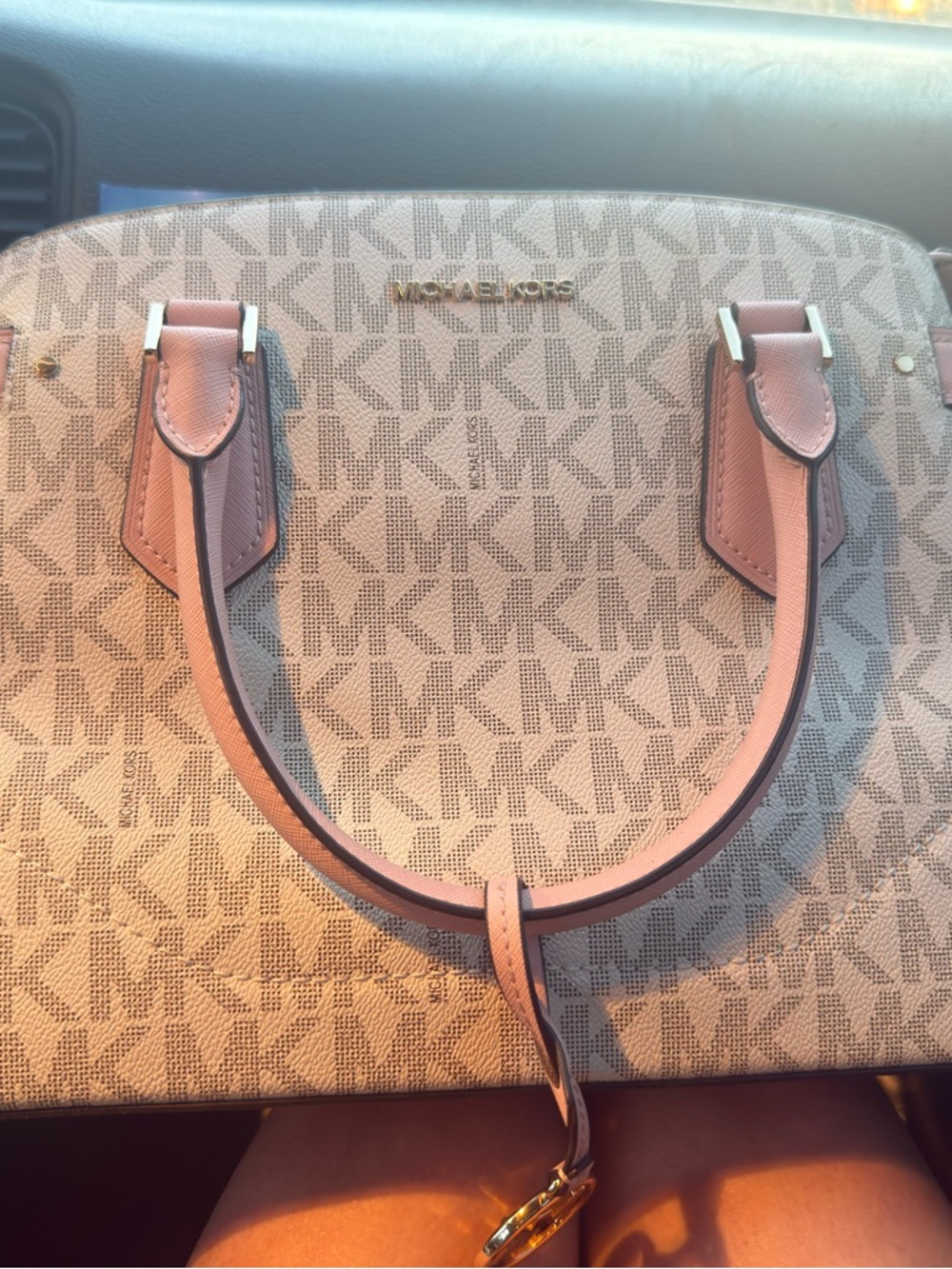 Michael Kors Beige Monogram Satchel with Pink Trim
